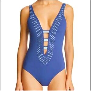 BECCA blue lattice and tassel plunging one piece swimsuit Large